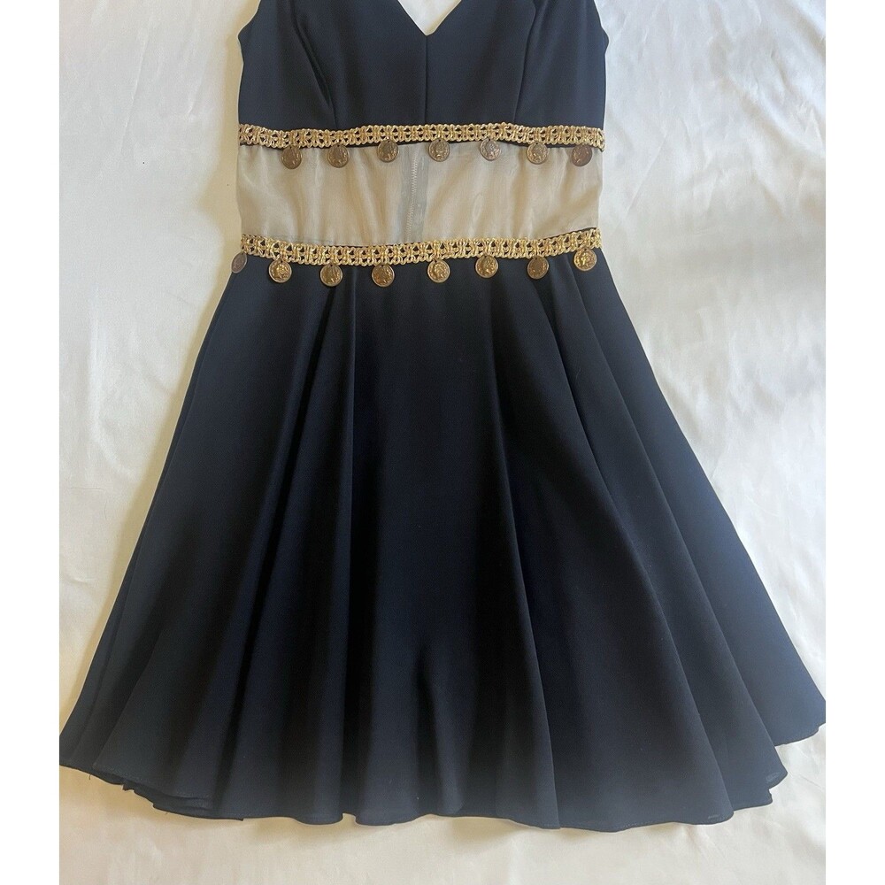 Vtg 60s Black Cocktail Dress XS Gold Coin Trim Mesh Midriff Asymmetrical Hem Mod - Picture 7 of 8